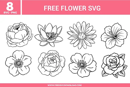 Flower SVG bundle featuring detailed floral line art designs including rose, lotus, daisy, hibiscus, and botanical flower illustrations for crafting and cutting projects