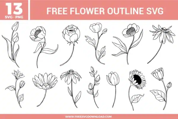Flower outline SVG bundle featuring hand drawn floral line art designs including tulips, daisies, roses, and botanical stems for crafting and cutting projects