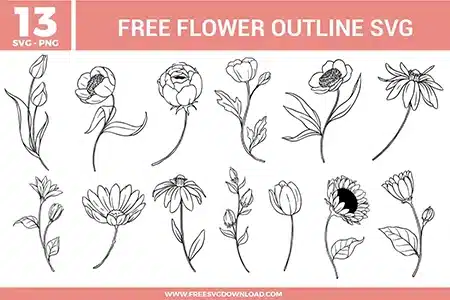 Flower outline SVG bundle featuring hand drawn floral line art designs including tulips, daisies, roses, and botanical stems for crafting and cutting projects