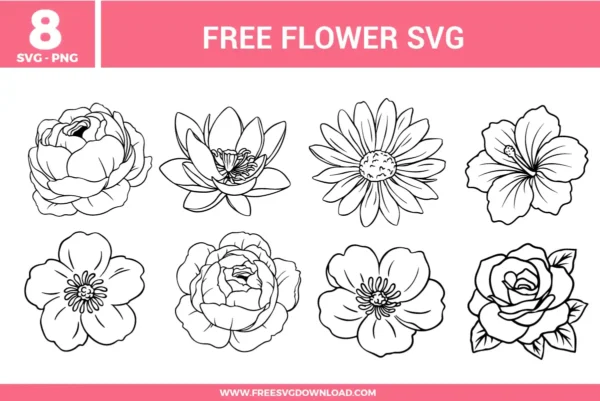 Flower SVG bundle featuring detailed floral line art designs including rose, lotus, daisy, hibiscus, and botanical flower illustrations for crafting and cutting projects