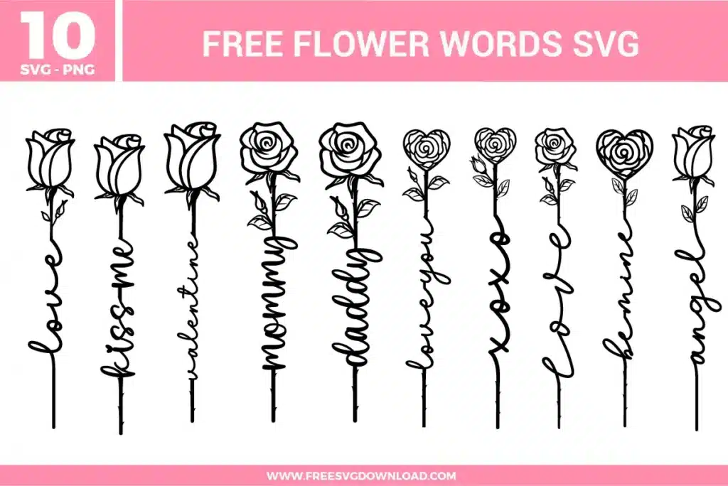 Flower words SVG bundle featuring rose line art designs with words like love, blossom, valentines, mommy, daddy, lovely, xoxo, flower, home, and angel for crafting projects