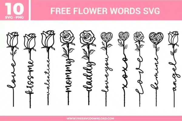 Flower words SVG bundle featuring rose line art designs with words like love, blossom, valentines, mommy, daddy, lovely, xoxo, flower, home, and angel for crafting projects