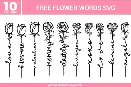Flower words SVG bundle featuring rose line art designs with words like love, blossom, valentines, mommy, daddy, lovely, xoxo, flower, home, and angel for crafting projects