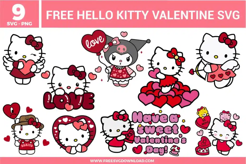 Cute Hello Kitty Valentine SVG designs featuring heart themed outfits, bows, love messages, candy hearts, balloons, and sweet pink and red Valentine illustrations.