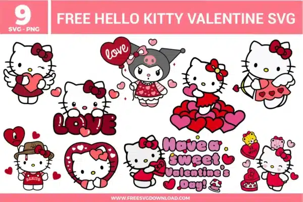 Cute Hello Kitty Valentine SVG designs featuring heart themed outfits, bows, love messages, candy hearts, balloons, and sweet pink and red Valentine illustrations.