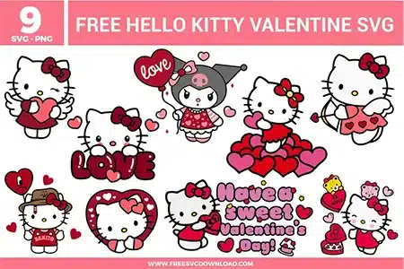 Cute Hello Kitty Valentine SVG designs featuring heart themed outfits, bows, love messages, candy hearts, balloons, and sweet pink and red Valentine illustrations.