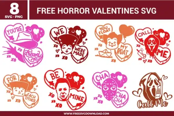 Featured image showing horror Valentine SVG designs with creepy candy heart styles, spooky character faces, dripping heart shapes, and dark Valentine messages in red, pink, and orange tones.