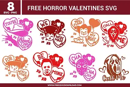 Featured image showing horror Valentine SVG designs with creepy candy heart styles, spooky character faces, dripping heart shapes, and dark Valentine messages in red, pink, and orange tones.
