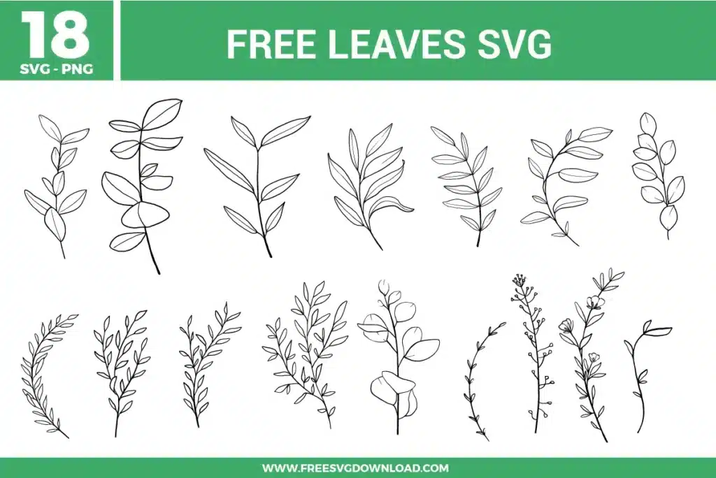 Leaves SVG bundle featuring hand drawn botanical leaf line art with various branches, foliage shapes, and minimal plant elements for crafting and cutting projects