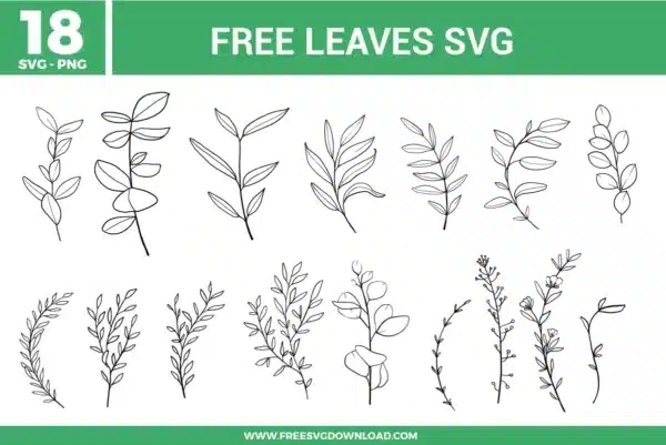 Leaves SVG bundle featuring hand drawn botanical leaf line art with various branches, foliage shapes, and minimal plant elements for crafting and cutting projects