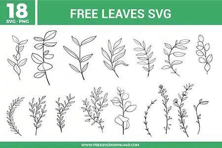 Leaves SVG bundle featuring hand drawn botanical leaf line art with various branches, foliage shapes, and minimal plant elements for crafting and cutting projects