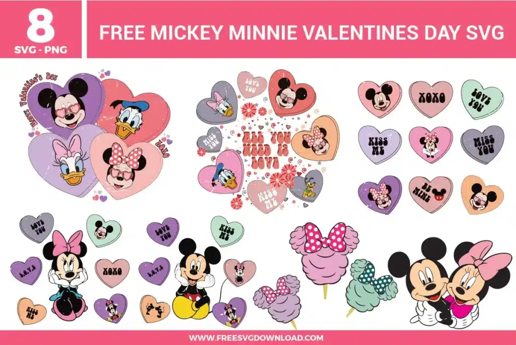 Free Mickey and Minnie Valentine’s Day SVG designs showing heart shaped graphics, love themed phrases, romantic character illustrations, bows, and pastel Valentine inspired details