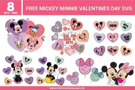 Free Mickey and Minnie Valentine’s Day SVG designs showing heart shaped graphics, love themed phrases, romantic character illustrations, bows, and pastel Valentine inspired details
