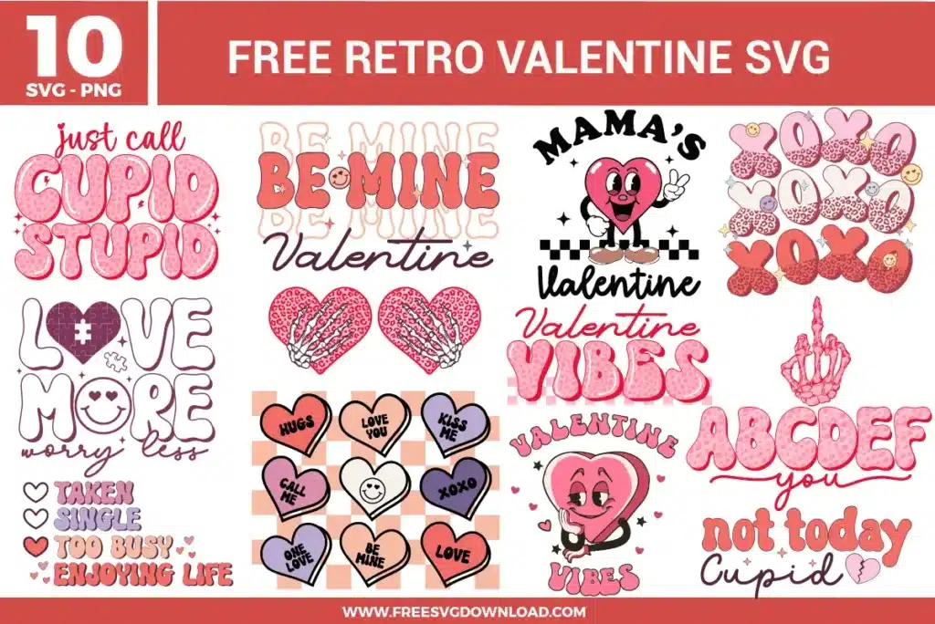 Retro Valentine SVG designs featuring playful heart characters, bubbly typography, love slogans, conversation hearts, checker patterns, pink and red color palettes, and vintage inspired Valentine illustrations.