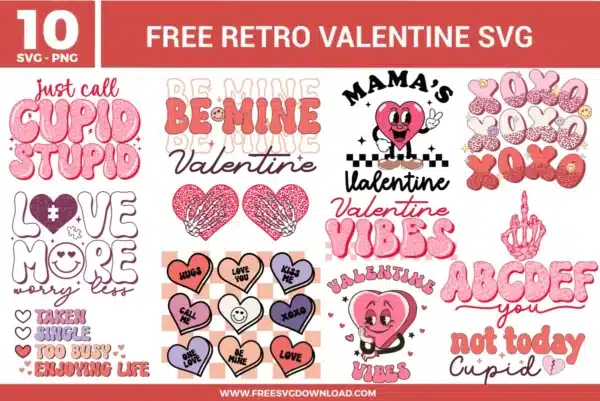 Retro Valentine SVG designs featuring playful heart characters, bubbly typography, love slogans, conversation hearts, checker patterns, pink and red color palettes, and vintage inspired Valentine illustrations.