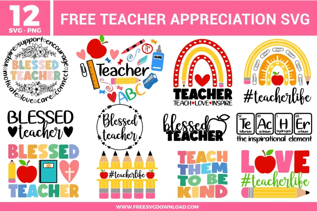 A bundle of 12 free svg files for teacher appreciation. This collection features "Blessed Teacher" floral wreaths, pencil-themed rainbows, and a creative periodic table teacher design. The set utilizes a mix of bold primary colors and soft pastels, perfect for personalized educator gifts and school-themed crafting.