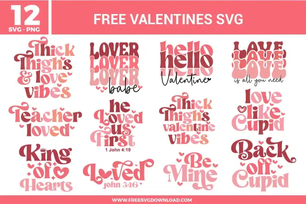 Valentine typography SVG designs with retro style lettering featuring love quotes, heart themed phrases, Bible verses, and pink and red Valentine word art.