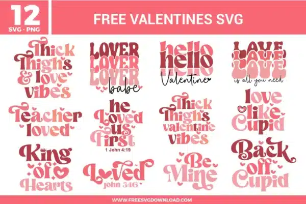 Valentine typography SVG designs with retro style lettering featuring love quotes, heart themed phrases, Bible verses, and pink and red Valentine word art.