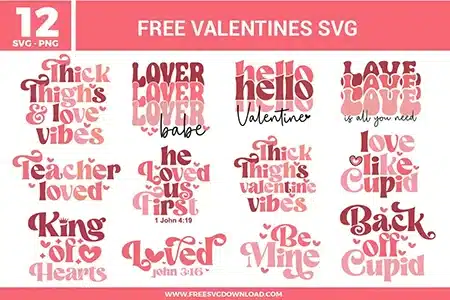 Valentine typography SVG designs with retro style lettering featuring love quotes, heart themed phrases, Bible verses, and pink and red Valentine word art.