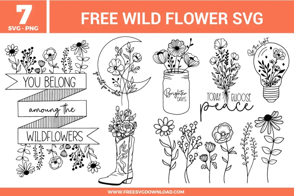 Wild flower SVG bundle featuring hand drawn floral designs with quotes, mason jar flowers, cowboy boot bouquet, crescent moon florals, and botanical line art for crafting projects