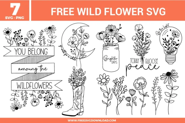 Wild flower SVG bundle featuring hand drawn floral designs with quotes, mason jar flowers, cowboy boot bouquet, crescent moon florals, and botanical line art for crafting projects