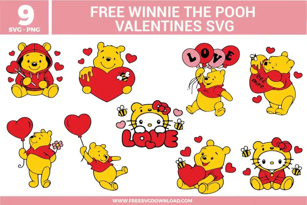 Free Winnie the Pooh Valentine’s SVG designs showing Pooh holding hearts and balloons with bees, love themed poses, and cute Valentine inspired character details