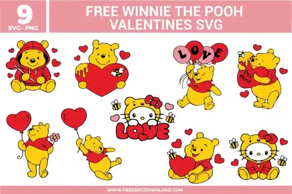 Free Winnie the Pooh Valentine’s SVG designs showing Pooh holding hearts and balloons with bees, love themed poses, and cute Valentine inspired character details