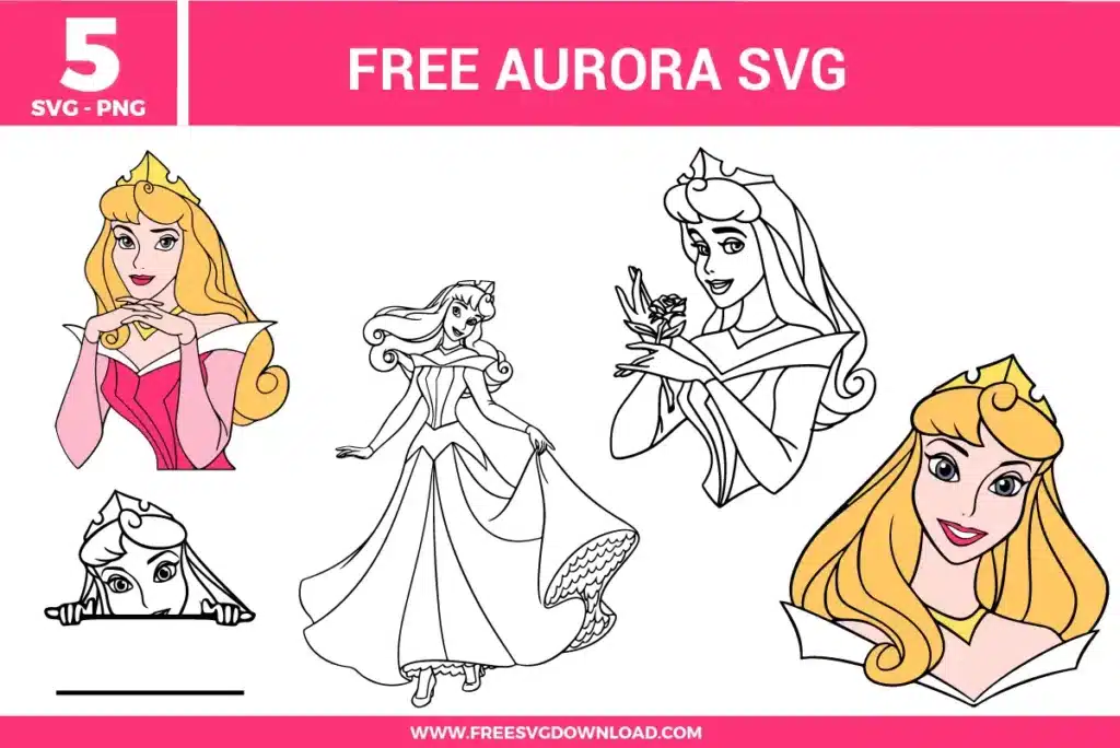 Free Aurora SVG designs showing Sleeping Beauty princess illustrations in elegant poses with colored and outline styles, flowing hair details, and classic dress silhouettes
