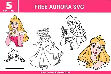Free Aurora SVG designs showing Sleeping Beauty princess illustrations in elegant poses with colored and outline styles, flowing hair details, and classic dress silhouettes