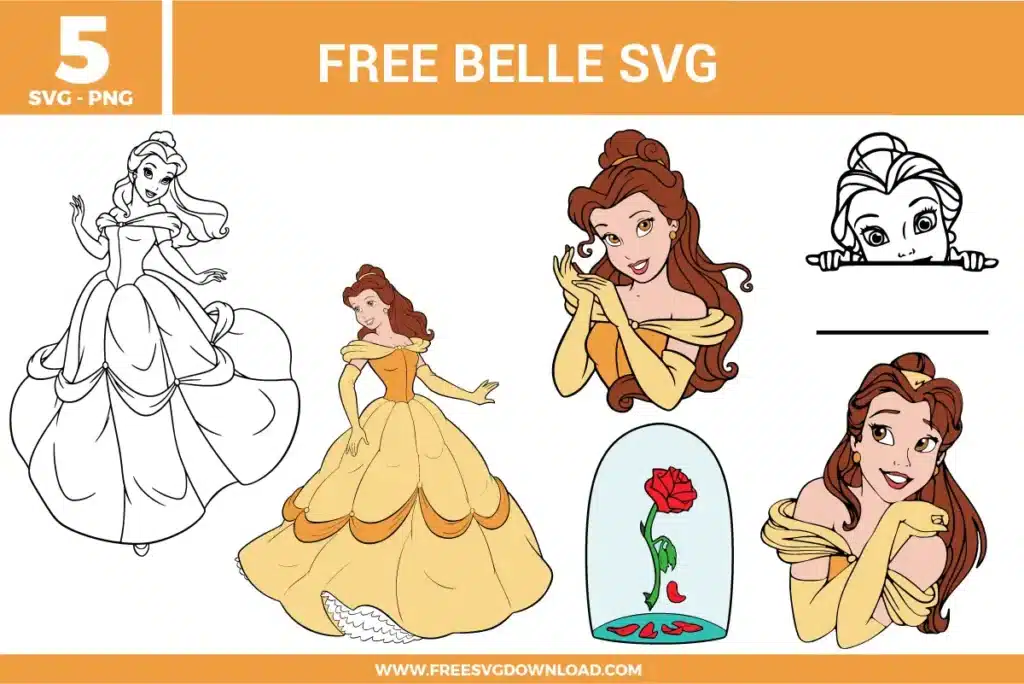 Free Belle SVG designs showing Beauty and the Beast princess Belle in elegant ball gown poses, portrait illustrations, outline artwork, and the enchanted rose detail