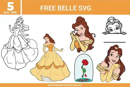 Free Belle SVG designs showing Beauty and the Beast princess Belle in elegant ball gown poses, portrait illustrations, outline artwork, and the enchanted rose detail