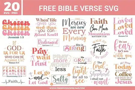 A bundle of twenty free svg files featuring uplifting Christian Bible verse and faith typography layouts. The vector graphics are displayed in a soft pastel color scheme of dusty pink, warm terracotta, mustard gold, and soft purple. The collection showcases retro stacked lettering designs for "Chosen" and "Loved," circular typography paths for "Walk by Faith," elegant cursive script layouts decorated with delicate star sparkles for "His Mercies Are New Every Morning," and comforting religious quotes accented with minimalist frames, coffee beans, and small cross shapes.