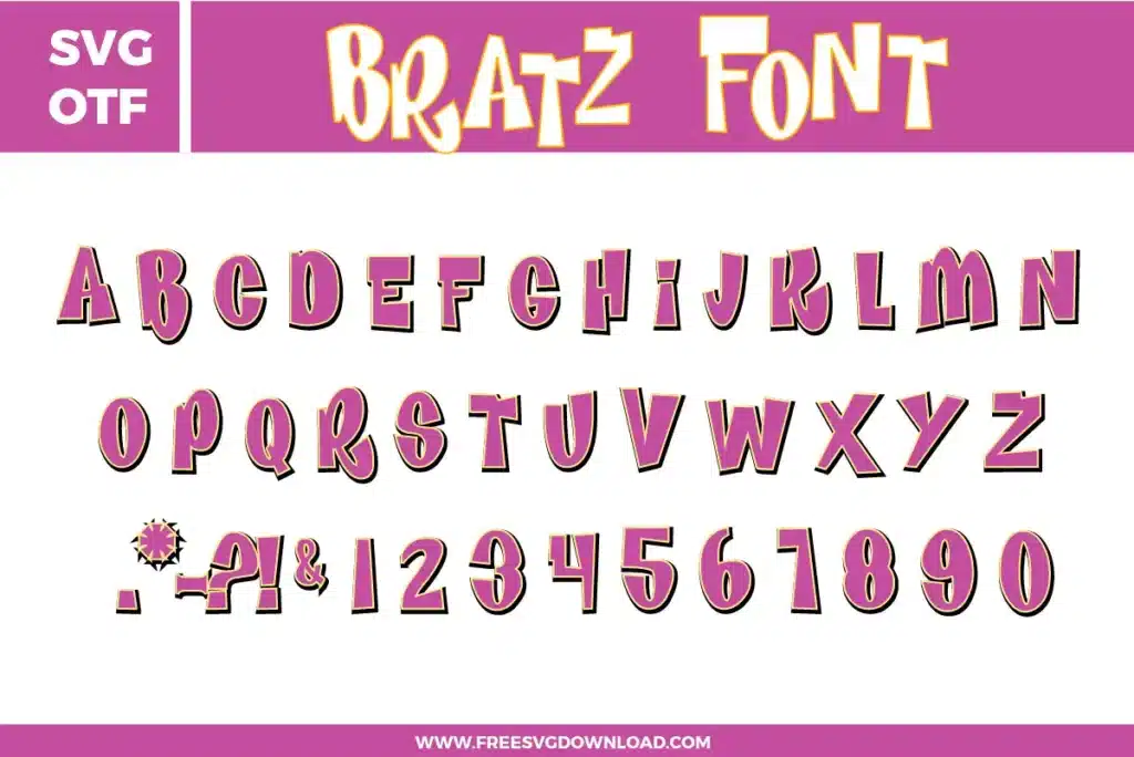 A bold and sassy Bratz Font free svg files set. The design features tall, flared characters with irregular widths and a dramatic y2k aesthetic. This OTF and SVG font bundle includes a full uppercase alphabet, numbers 0–9, and unique punctuation marks in a vibrant pink and purple style with a white and black multi-layered outline, perfect for early 2000s nostalgic crafts.