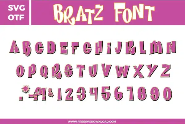A bold and sassy Bratz Font free svg files set. The design features tall, flared characters with irregular widths and a dramatic y2k aesthetic. This OTF and SVG font bundle includes a full uppercase alphabet, numbers 0–9, and unique punctuation marks in a vibrant pink and purple style with a white and black multi-layered outline, perfect for early 2000s nostalgic crafts.