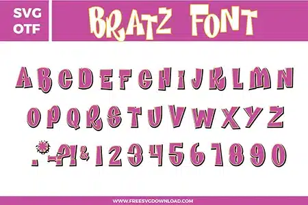 A bold and sassy Bratz Font free svg files set. The design features tall, flared characters with irregular widths and a dramatic y2k aesthetic. This OTF and SVG font bundle includes a full uppercase alphabet, numbers 0–9, and unique punctuation marks in a vibrant pink and purple style with a white and black multi-layered outline, perfect for early 2000s nostalgic crafts.
