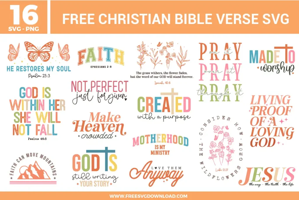 A collection of sixteen free svg files displaying Christian bible verse and faith-inspired typography designs in a soft pastel and muted color palette of terracotta, sage green, dusty pink, and mustard yellow. The vector layouts showcase scripture quotes like "He Restores My Soul" with delicate butterfly outlines, "God Is Within Her", and "Consider How The Wildflowers Grow" paired with elegant botanical line art drawings. Other designs include a circular mountain illustration for "Faith Can Move Mountains" and various modern typography layouts featuring crosses and star sparkles.