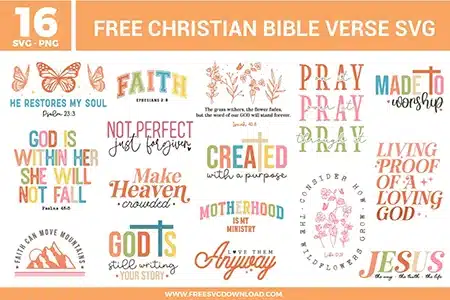 A collection of sixteen free svg files displaying Christian bible verse and faith-inspired typography designs in a soft pastel and muted color palette of terracotta, sage green, dusty pink, and mustard yellow. The vector layouts showcase scripture quotes like "He Restores My Soul" with delicate butterfly outlines, "God Is Within Her", and "Consider How The Wildflowers Grow" paired with elegant botanical line art drawings. Other designs include a circular mountain illustration for "Faith Can Move Mountains" and various modern typography layouts featuring crosses and star sparkles.