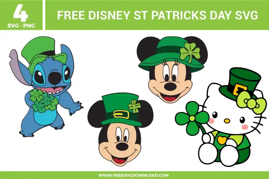 Free Disney St Patrick’s Day SVG designs showing character inspired faces wearing green hats with shamrocks and lucky themed holiday details