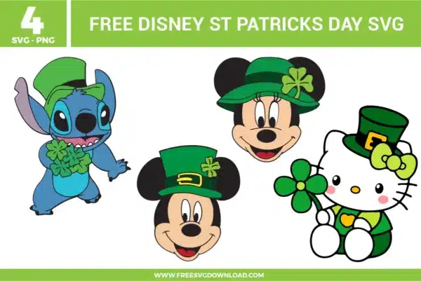 Free Disney St Patrick’s Day SVG designs showing character inspired faces wearing green hats with shamrocks and lucky themed holiday details