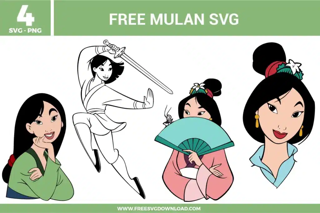Free Mulan SVG designs showing Princess Mulan character illustrations with warrior action poses, elegant portraits, and traditional inspired styling