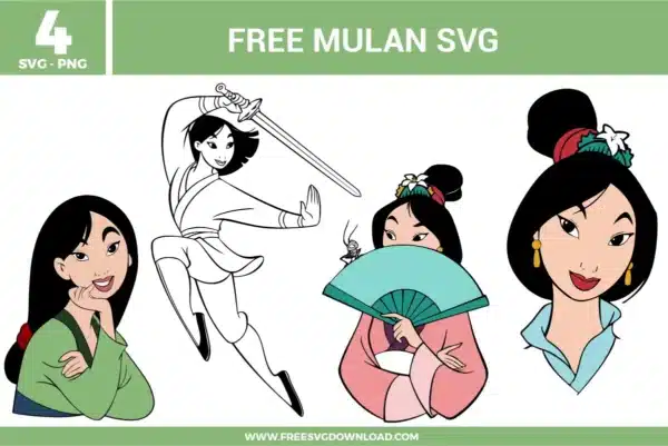 Free Mulan SVG designs showing Princess Mulan character illustrations with warrior action poses, elegant portraits, and traditional inspired styling