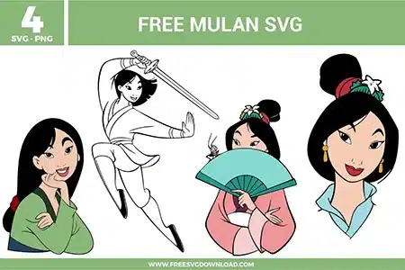 Free Mulan SVG designs showing Princess Mulan character illustrations with warrior action poses, elegant portraits, and traditional inspired styling