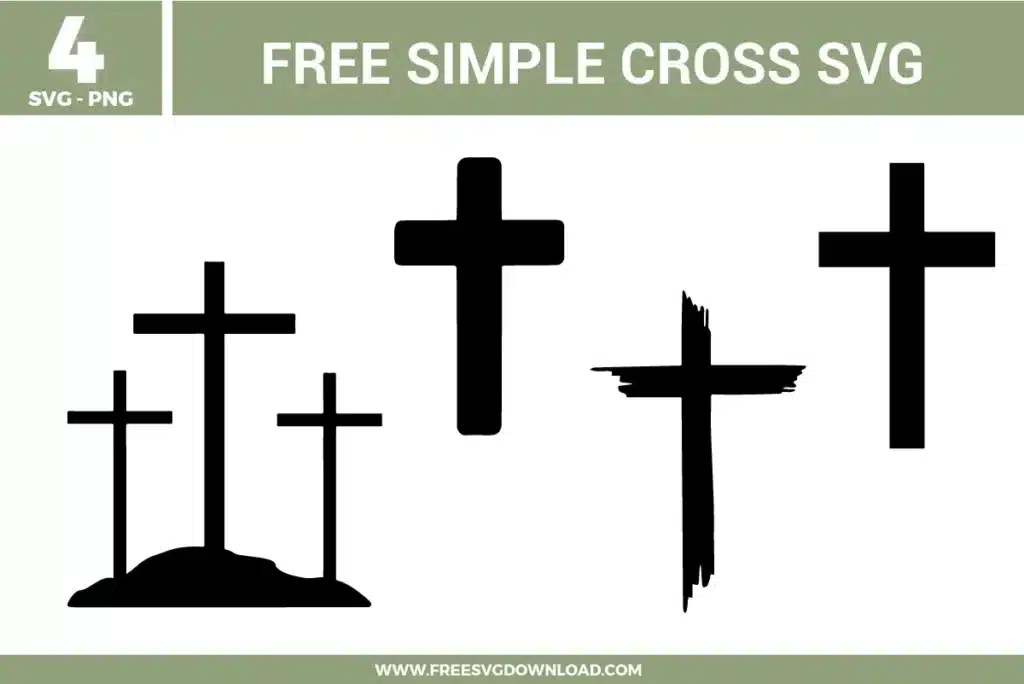 Simple Cross SVG bundle preview showing four black cross designs with a three-cross hill silhouette, bold rounded cross, brush-style cross, and clean classic cross artwork for Cricut and Silhouette.