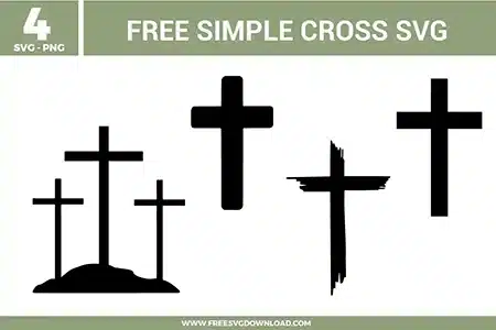 Simple Cross SVG bundle preview showing four black cross designs with a three-cross hill silhouette, bold rounded cross, brush-style cross, and clean classic cross artwork for Cricut and Silhouette.