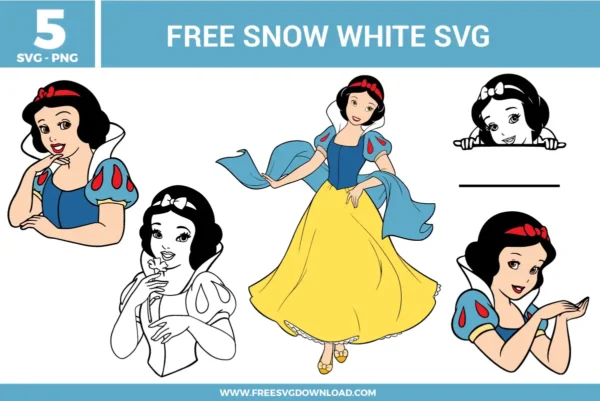 Free Snow White SVG designs showing Snow White in classic princess poses with colored illustrations and outline portraits, flowing dress details, and iconic bow accents
