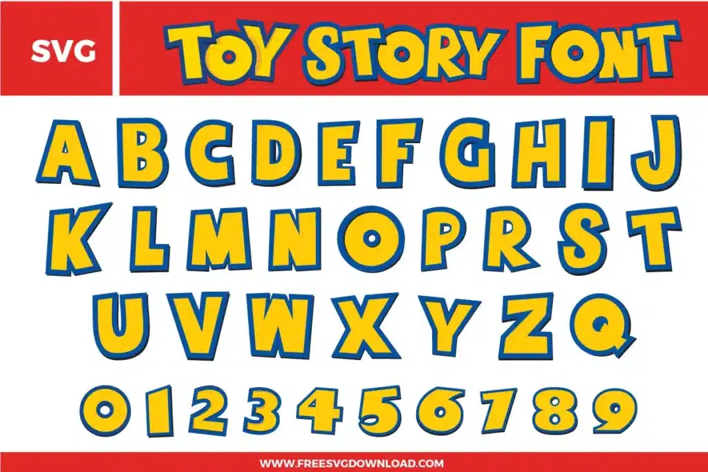 A playful and iconic Toy Story Font free svg files set. The design features bold, blocky yellow characters with a thick blue outline and a subtle drop shadow effect. This SVG alphabet bundle includes a full set of uppercase letters and numbers 0-9 in a fun, whimsical typography style inspired by the classic movie logo, perfect for nursery decor and birthday crafts.
