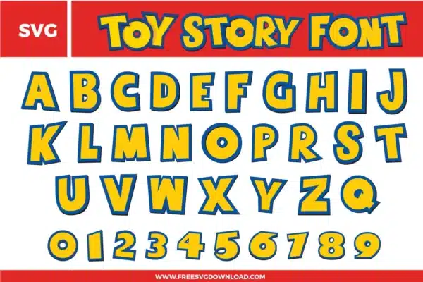 A playful and iconic Toy Story Font free svg files set. The design features bold, blocky yellow characters with a thick blue outline and a subtle drop shadow effect. This SVG alphabet bundle includes a full set of uppercase letters and numbers 0-9 in a fun, whimsical typography style inspired by the classic movie logo, perfect for nursery decor and birthday crafts.
