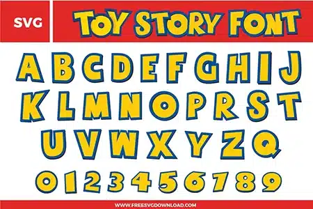 A playful and iconic Toy Story Font free svg files set. The design features bold, blocky yellow characters with a thick blue outline and a subtle drop shadow effect. This SVG alphabet bundle includes a full set of uppercase letters and numbers 0-9 in a fun, whimsical typography style inspired by the classic movie logo, perfect for nursery decor and birthday crafts.