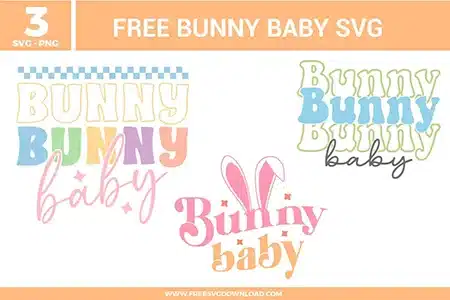 Pastel “Bunny baby” SVG word art in three styles, featuring bunny ears above the text, colorful layered lettering, and soft spring tones on a clean white background.