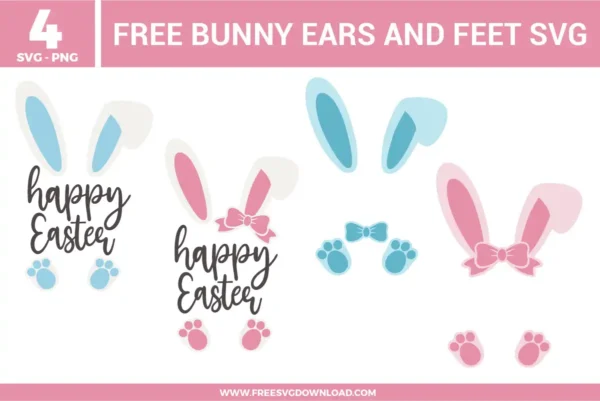 Easter bunny ears and feet designs with soft pastel pink and blue colors, bow accents, paw prints, and playful arrangements including happy Easter lettering.